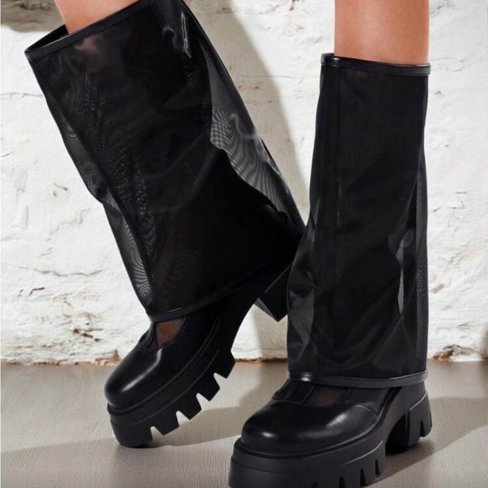 Women's Black Mesh Shaft Platform Heeled Boots